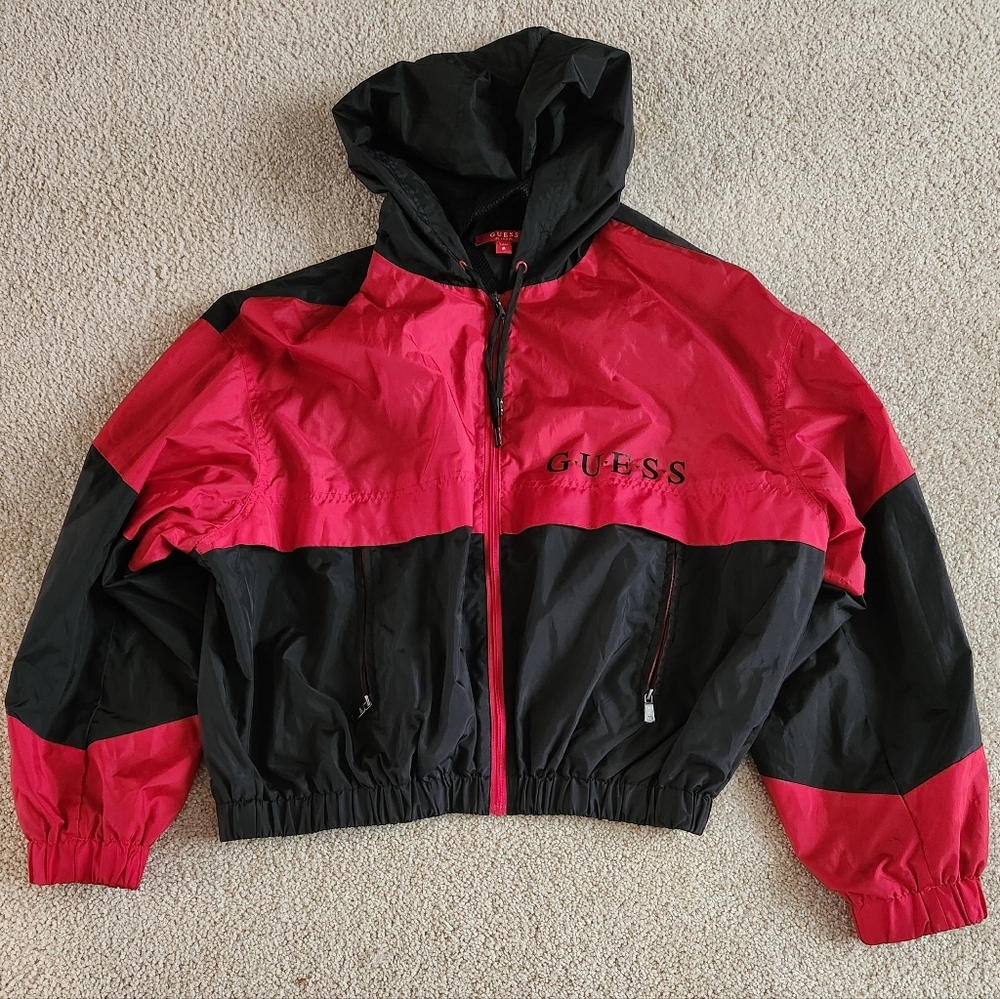 Guess Black and Red Colorblock Hooded Windbreaker Jacket